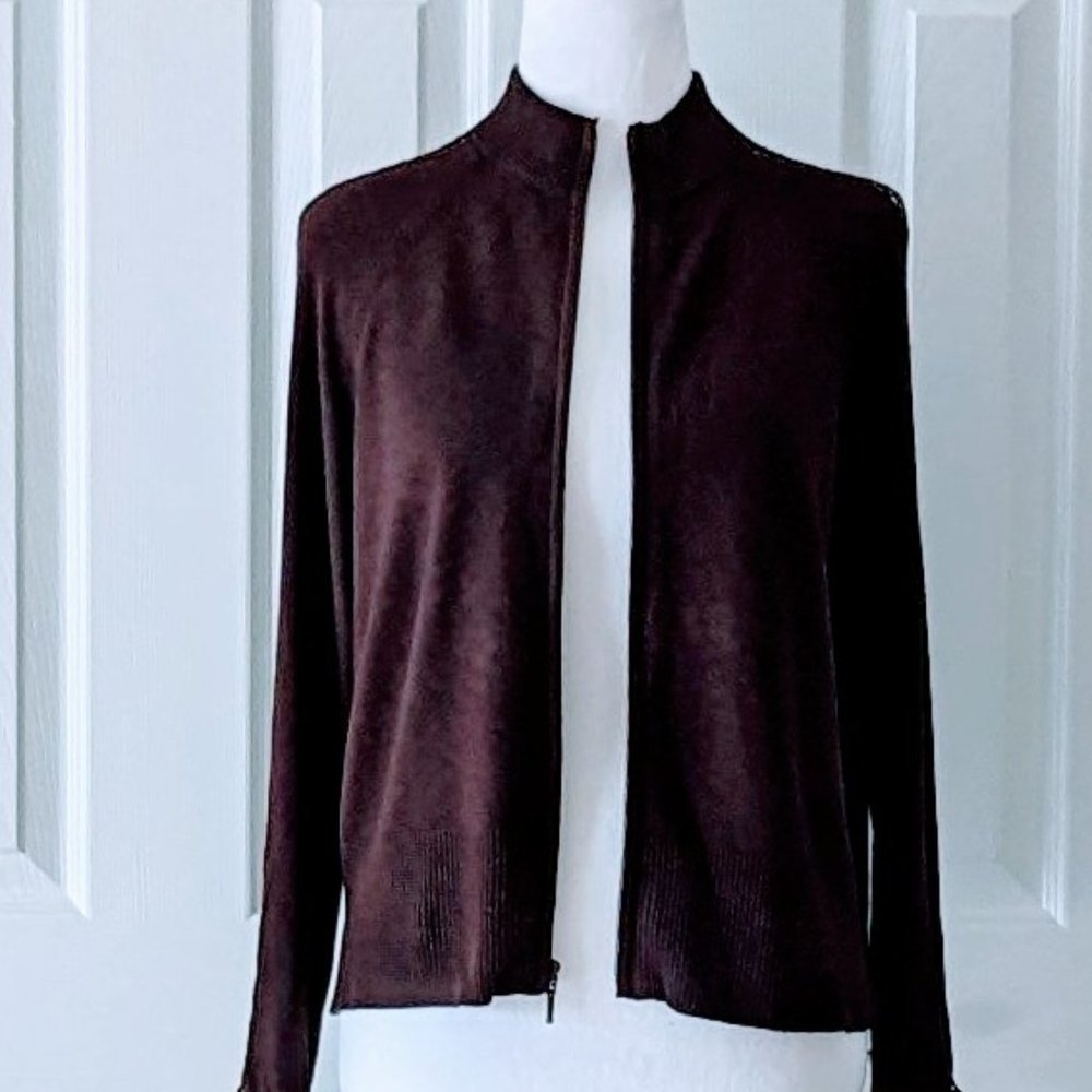 NEW! BANDOLINO Women's Mock Neck Fish Net Detail Zip Cardigan Size M Brown NWT